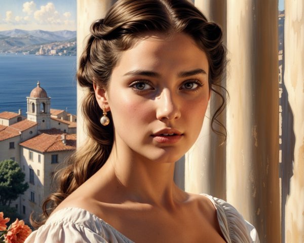 Young woman in white dress near classical columns
