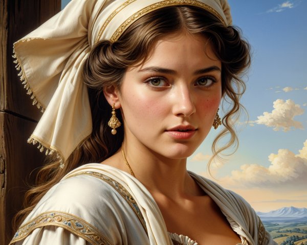 Thoughtful Woman in Serene Landscape with Hills and Sky