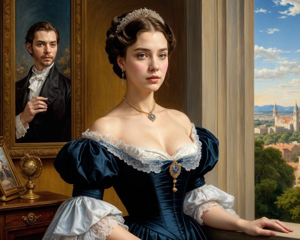 Young Woman in Dark Blue Gown in Lavish Room