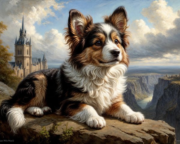 Tri-colored dog on rocky ledge with castle backdrop