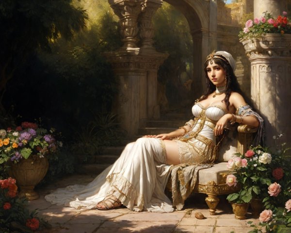 Historical dress woman sitting elegantly in lush garden with flowers.