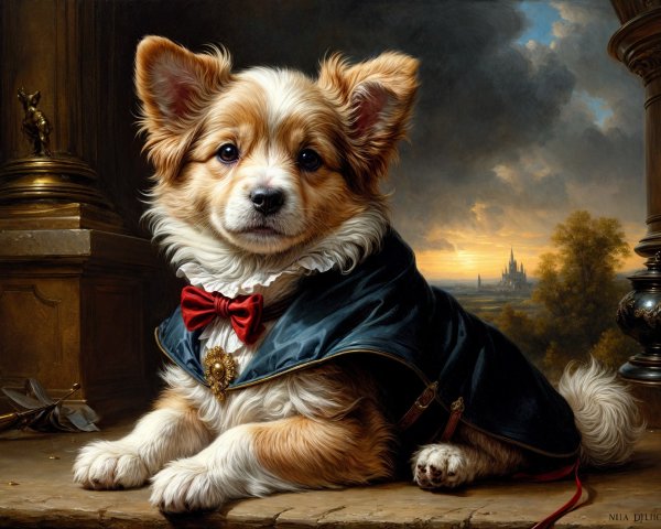 Regal Dog in Cloak on Ornate Table with Castle Backdrop