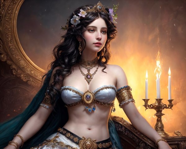 Digital artwork of woman with dark hair in flower crown, ornate top, near candles in warm glow