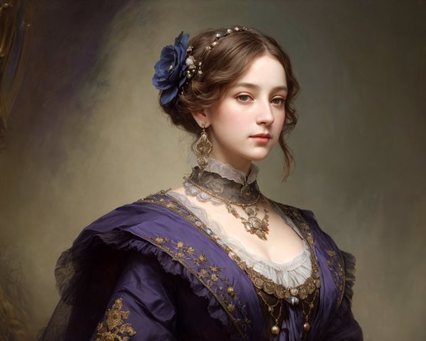 Victorian Woman in Dark Blue Dress with Gold Details