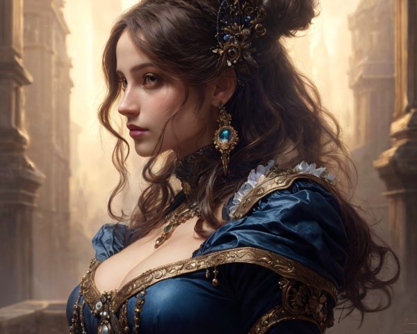 Portrait of Woman in Blue and Gold Gown with Background