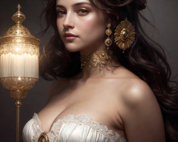 Woman in Off-Shoulder Dress with Golden Accessories
