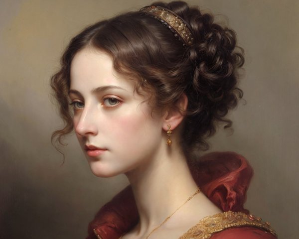 Elegant woman in deep red dress with gold accents
