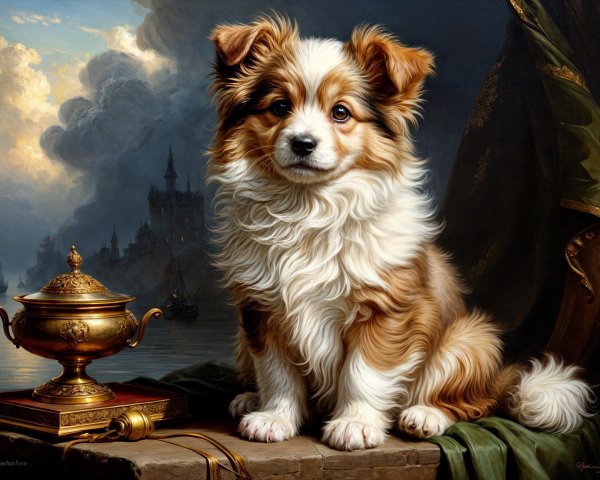 Fluffy Dog on Stone Surface with Golden Urn and Castle