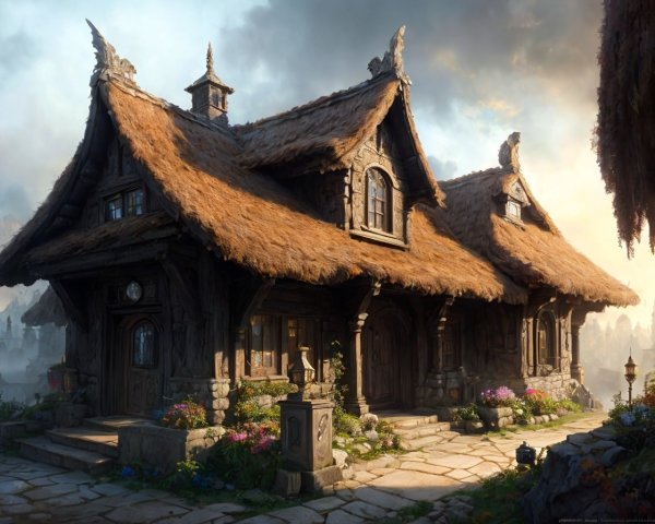 Quaint Fantasy Cottage with Thatched Roof and Flowers