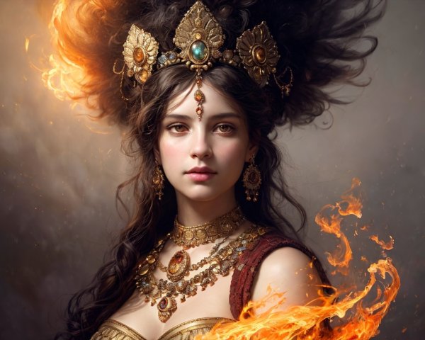 Elaborate gold jewelry and crown on woman with flowing hair and flames in garments