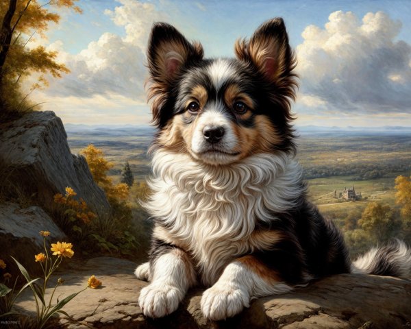 Tri-color Dog Resting on Rocky Outcrop with Landscape