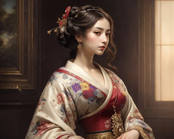 Elegant Woman in Floral Kimono with Soft Lighting