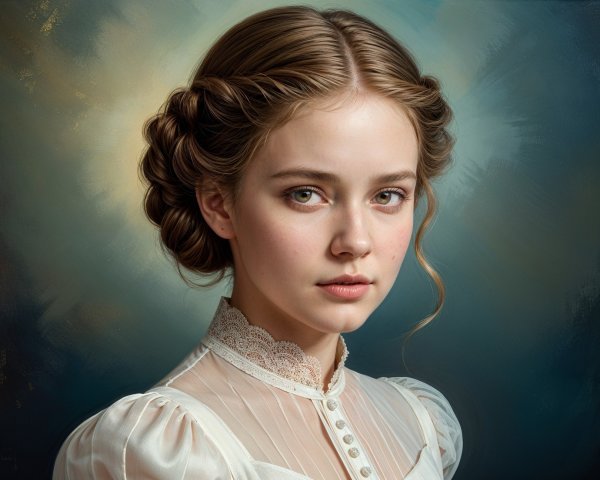 Young woman in vintage blouse with serene expression