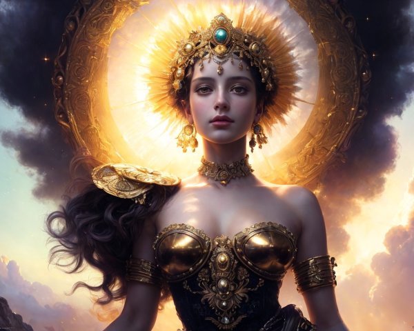 Ethereal woman with halo crown and golden armor in dramatic sky