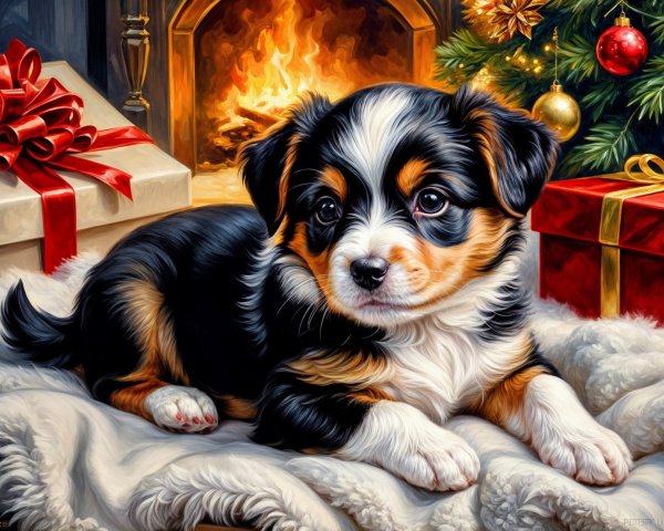 Tri-Color Puppy Resting by Festive Holiday Decor