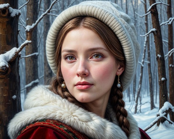 Young Woman in Red Coat in Snowy Forest Setting