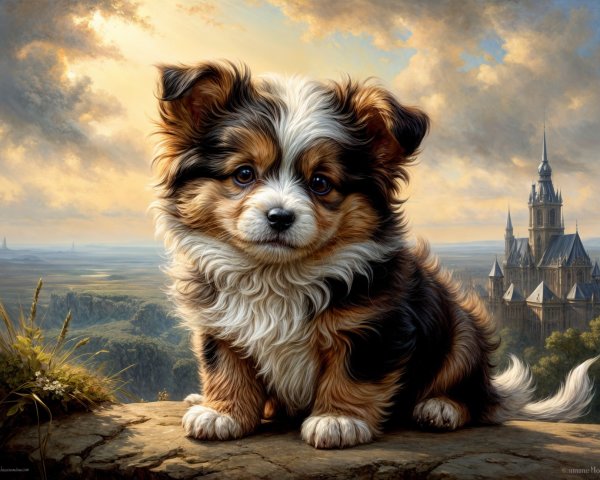 Fluffy Tri-Color Puppy with Castle Background