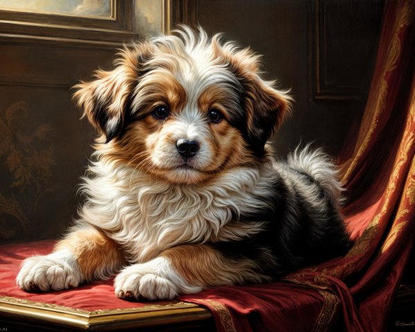 Fluffy Puppy on Red Velvet in Elegant Setting