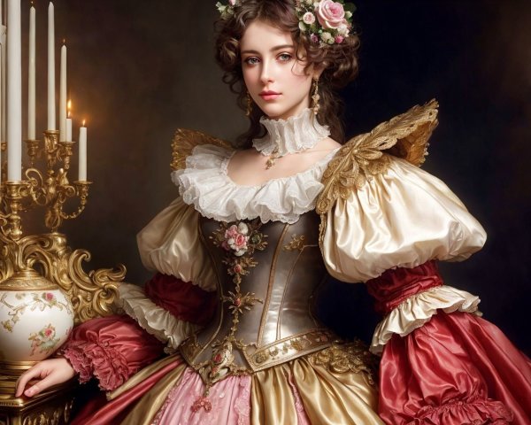 Historical dress with puffy sleeves and corset beside candelabra