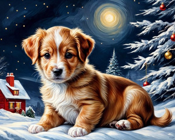 Puppy in Snowy Winter Wonderland with Moonlight Glow