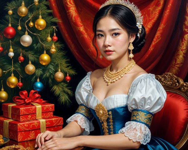 Young Woman in Historical Gown by Christmas Tree