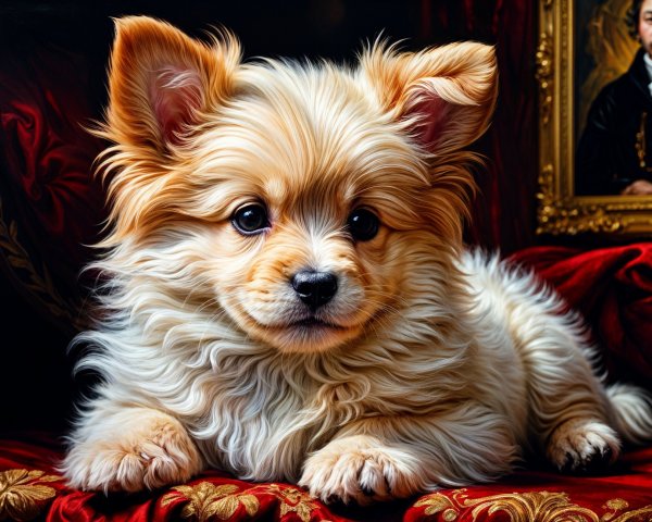 Fluffy Golden Pomeranian Puppy on Red Velvet Surface