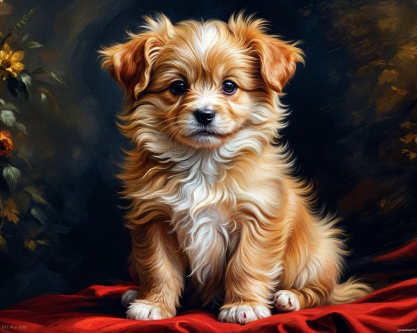 Fluffy Golden-Brown Puppy on Red Fabric Background