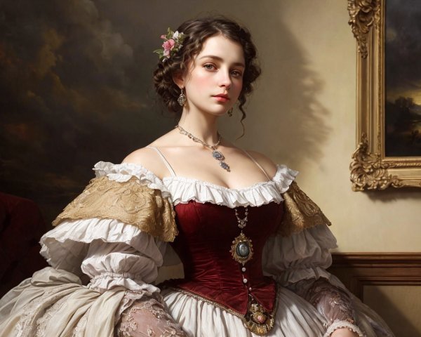 19th-Century Painting of Young Woman in Luxurious Gown