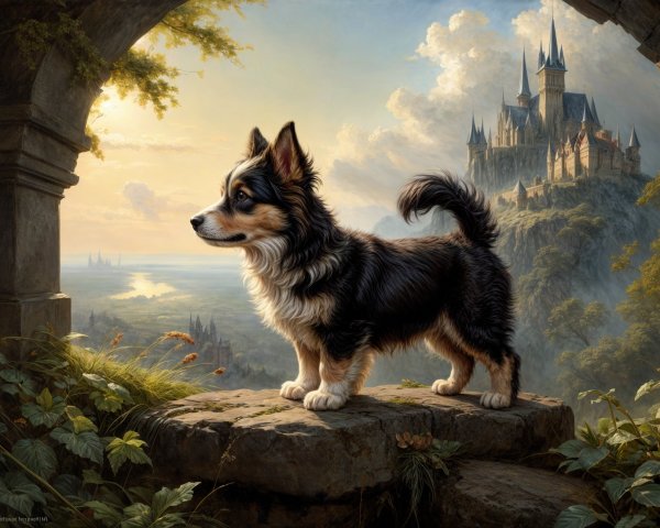 Dog on Stone Archway with Castle and Lush Landscape