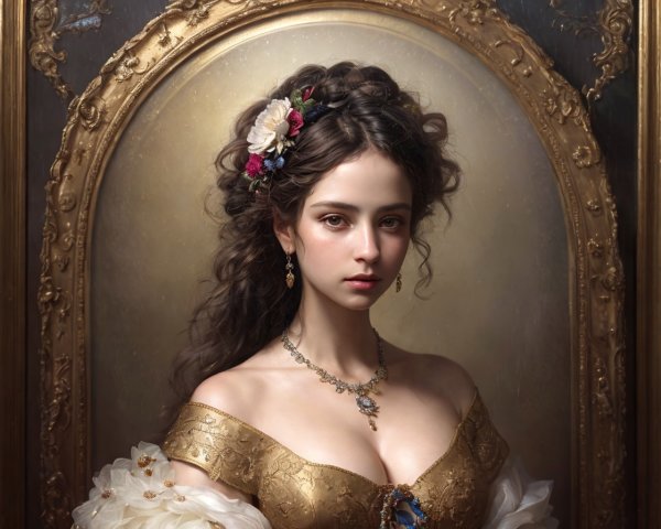 Portrait of young woman with elaborate floral hairstyle and golden gown