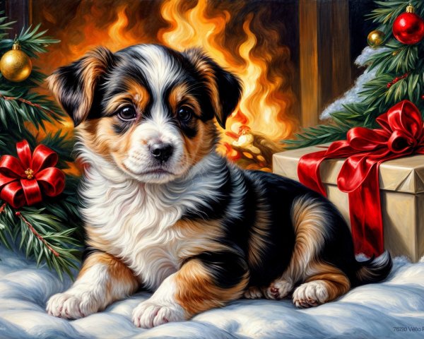 Fluffy Puppy on Cozy Blanket with Holiday Decor