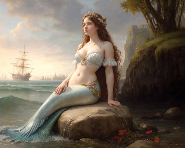 Mermaid on Rock by Sea with Ship Background Scene