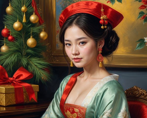 Young Woman in Traditional Attire with Holiday Decor