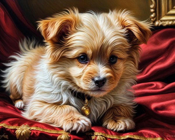 Fluffy Golden Puppy on Red Fabric with Heart Tag