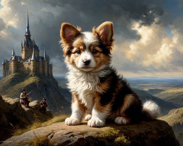 Corgi Puppy on Rocky Ledge with Castle Background