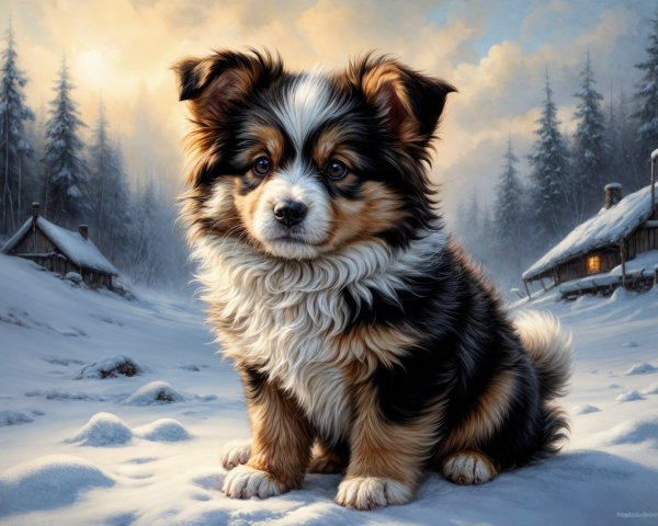 Fluffy Puppy in Snowy Landscape with Cabins and Trees