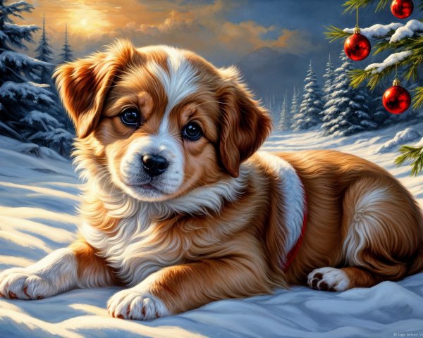 Puppy in Snowy Landscape with Festive Tree Decor