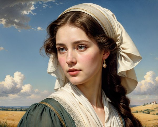 Young woman in green dress with serene landscape backdrop