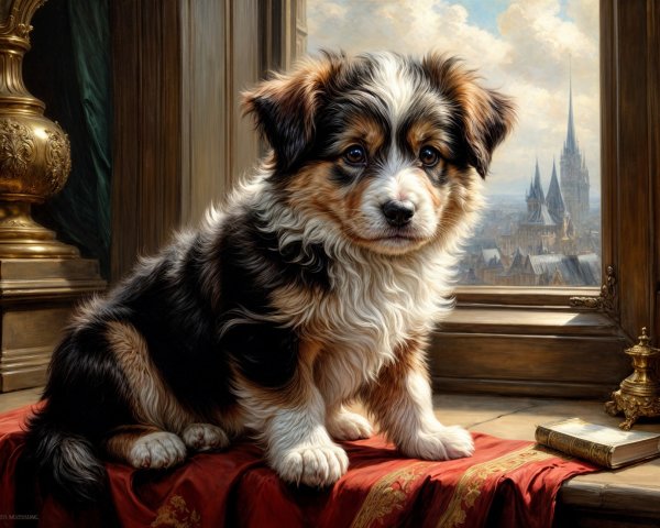 Tri-colored puppy on red fabric by a window