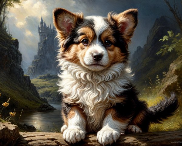 Fluffy Corgi Puppy with Castle in Whimsical Setting