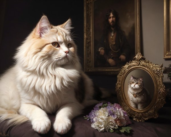 White and beige cat with flowers and mirror reflection on classic painting