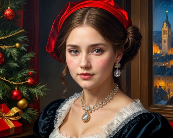 Young woman in black gown with festive Christmas backdrop