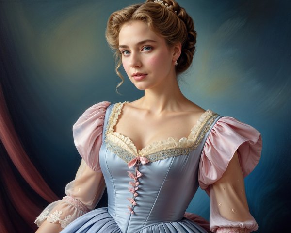 Young woman in blue gown with pink sleeves and waves