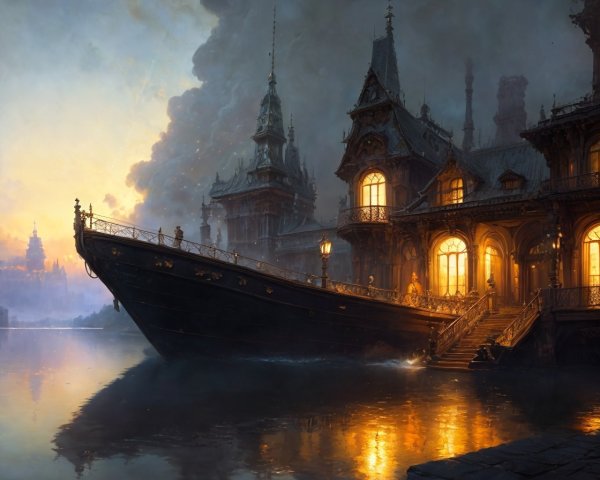 Ornate Illuminated Mansion by Riverside at Dusk