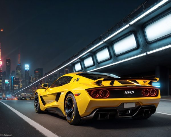 Yellow sports car parked on city street at night with skyscrapers and subway line