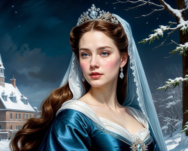 Regal Young Woman in Elegant Blue Gown in Winter Scene