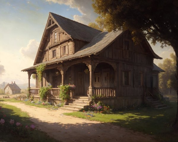 Rustic Wooden House with Flowering Porch and Landscape