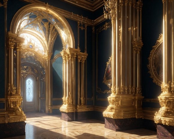 Baroque-style opulent room with gilded arches and decor