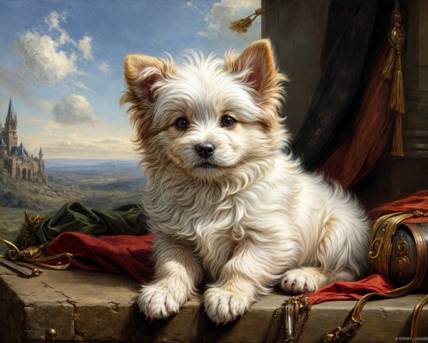 Cream-colored puppy with castle backdrop and warm colors