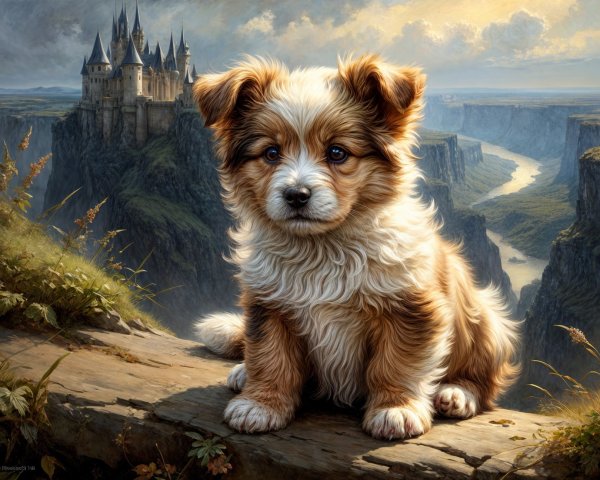 Fluffy Puppy on Ledge with Castle and River View